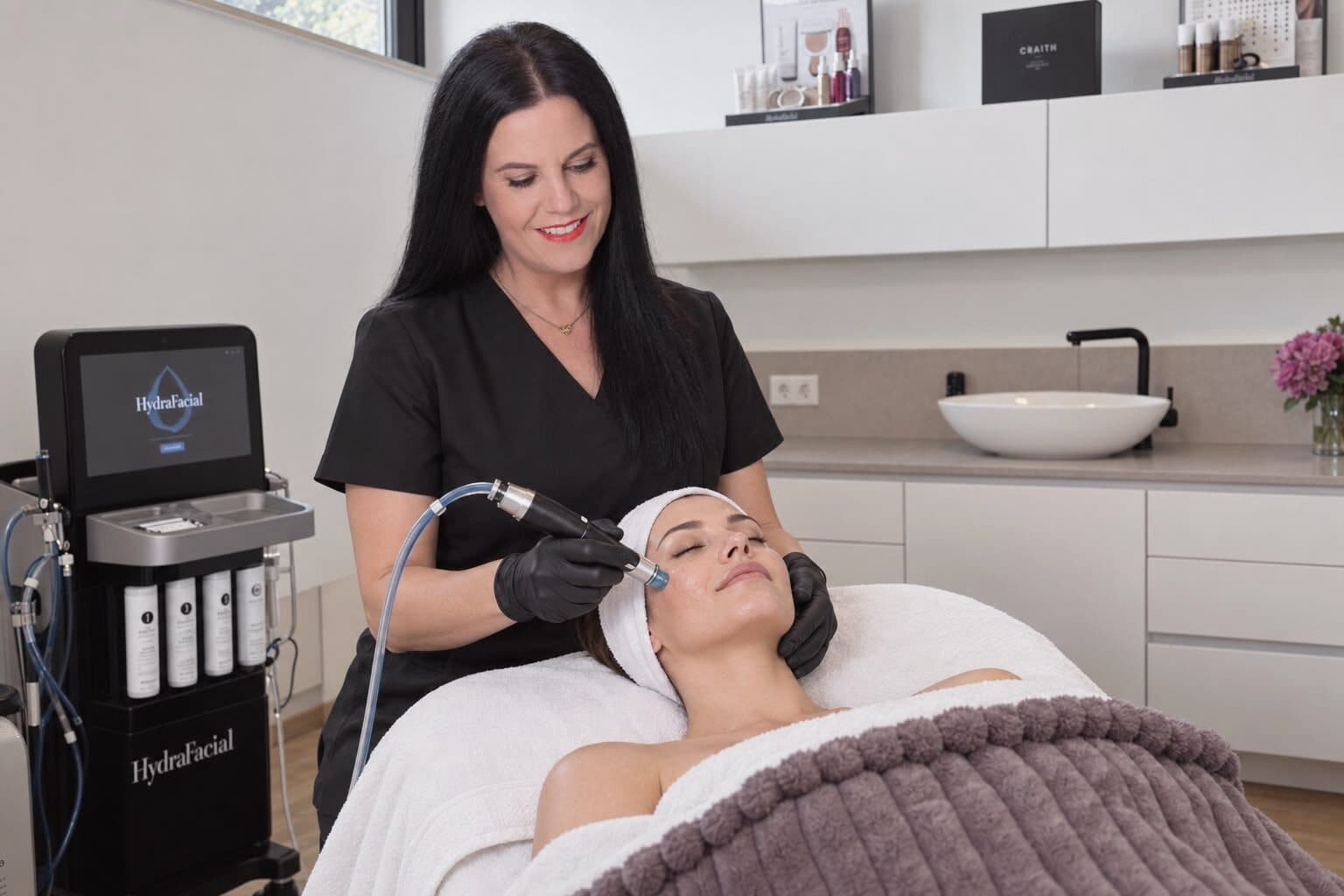 Pamela Paulini bei einer HydraFacial-Behandlung, neben der Liege das HydraFacial-Gerät