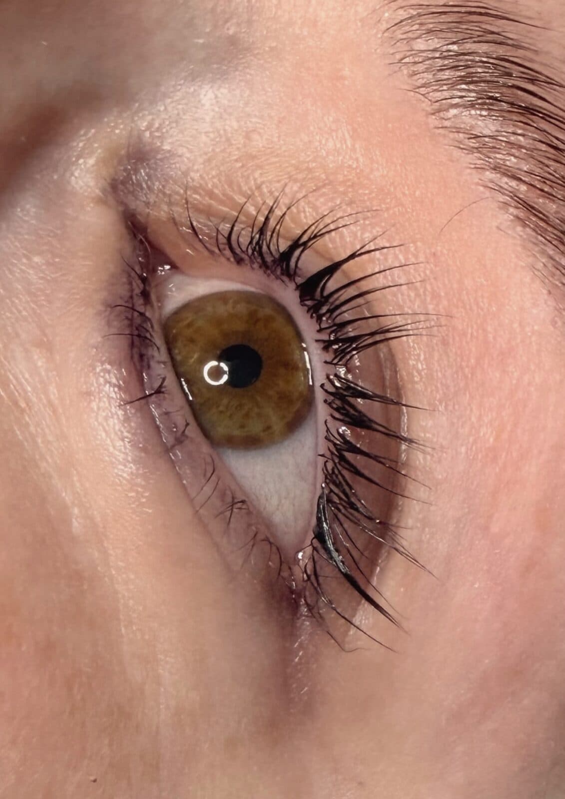 Nahaufnahme eines Auges mit geschwungenen, dunklen Wimpern